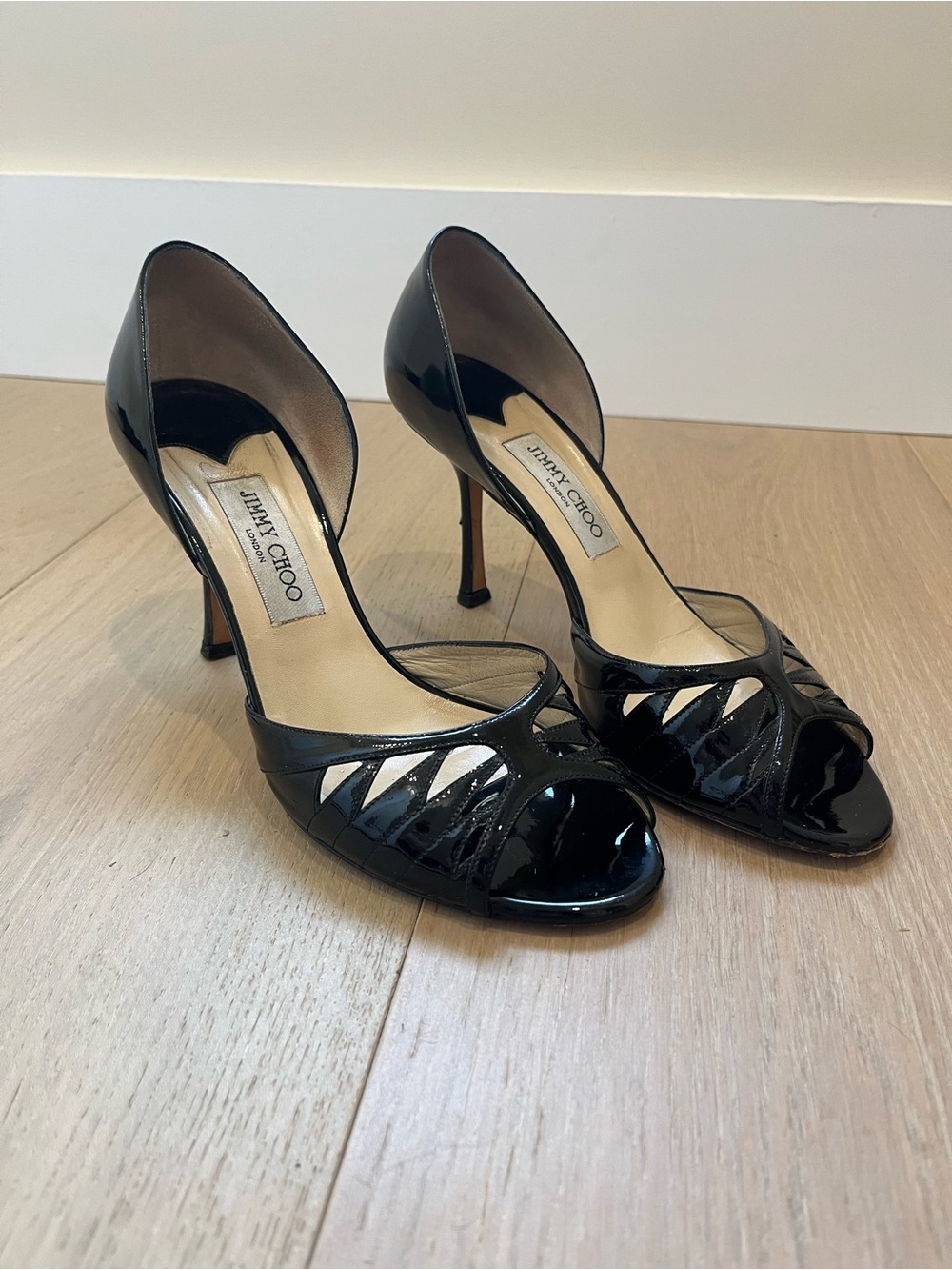 Jimmy Choo Black Patent Leather Peep-Toe D'Orsay Pumps